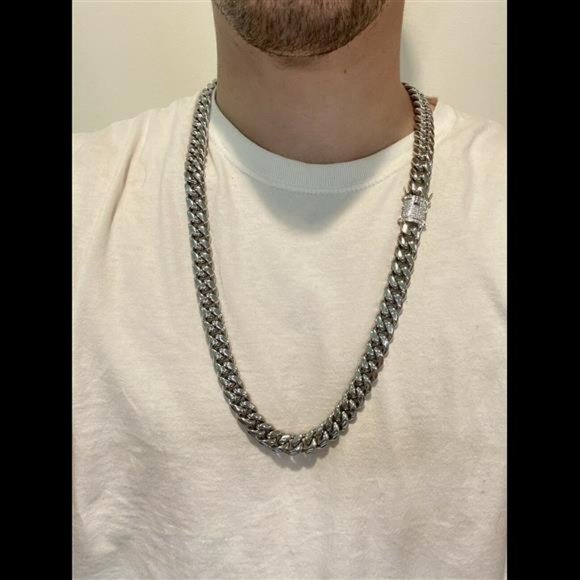 Mens Miami Cuban Chain 14k White Gold Over SS Mens Hip Hop Iced Diamond Box Lock
